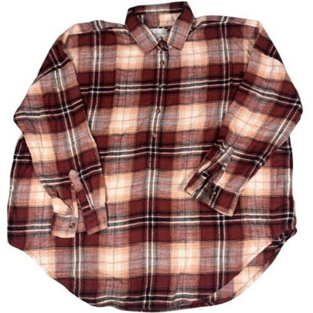 American Eagle Flannel Womens M Oversized Plaid Henley Shirt Burgundy L/S